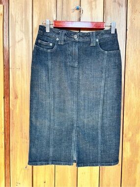 Vintage SB Denim Midi Pencil Skirt Dark Wash Front Slit Y2K Size 0